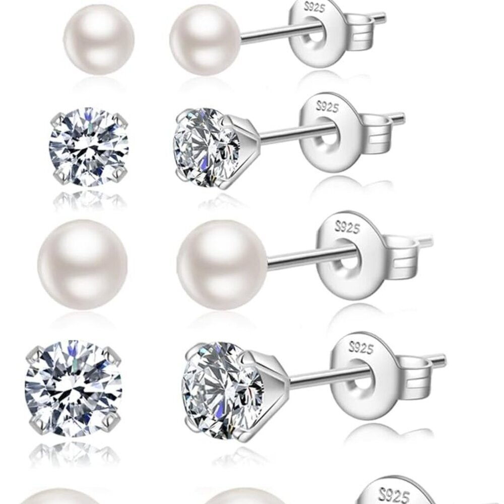 Silver Stud Earrings Set for Women 6 Pairs Sterling Silver Pearl Cubic Zirconia
